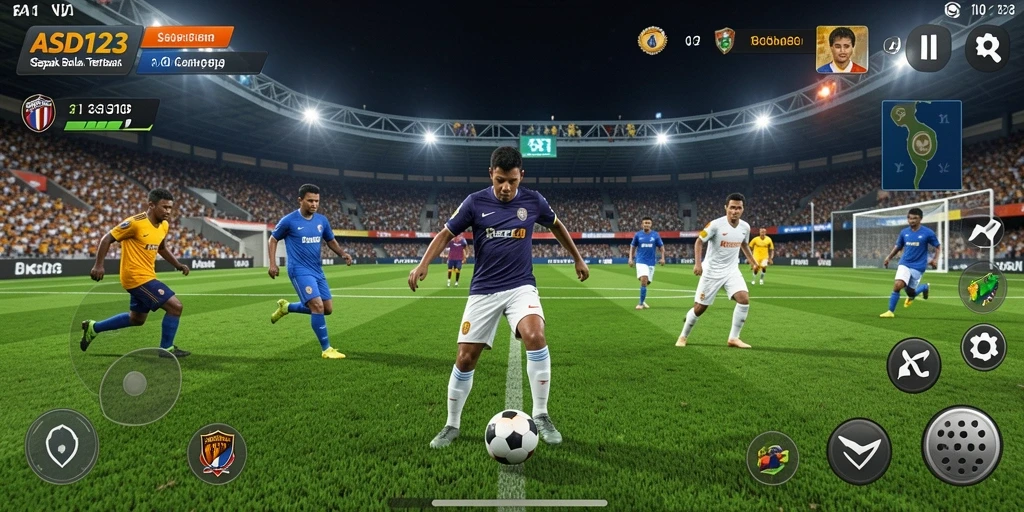 Screenshot utama gameplay <strong>ASD123</strong> menampilkan aksi pertarungan sepak bola yang mendebarkan.