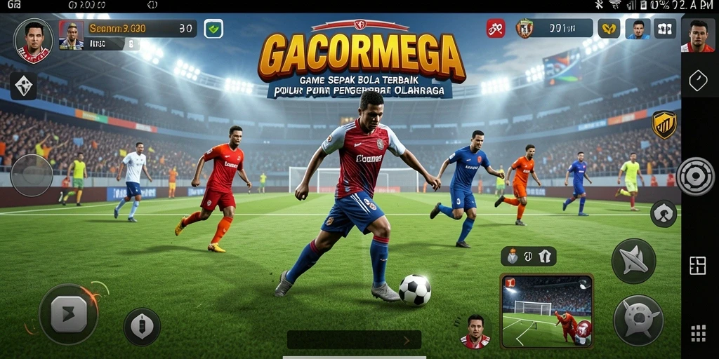 Screenshot gameplay GACORMEGA menampilkan aksi sepak bola yang seru.