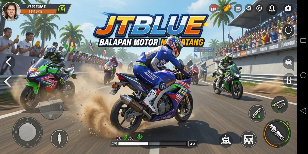 Tampilan utama JTBLUE dengan momen balapan yang menegangkan.