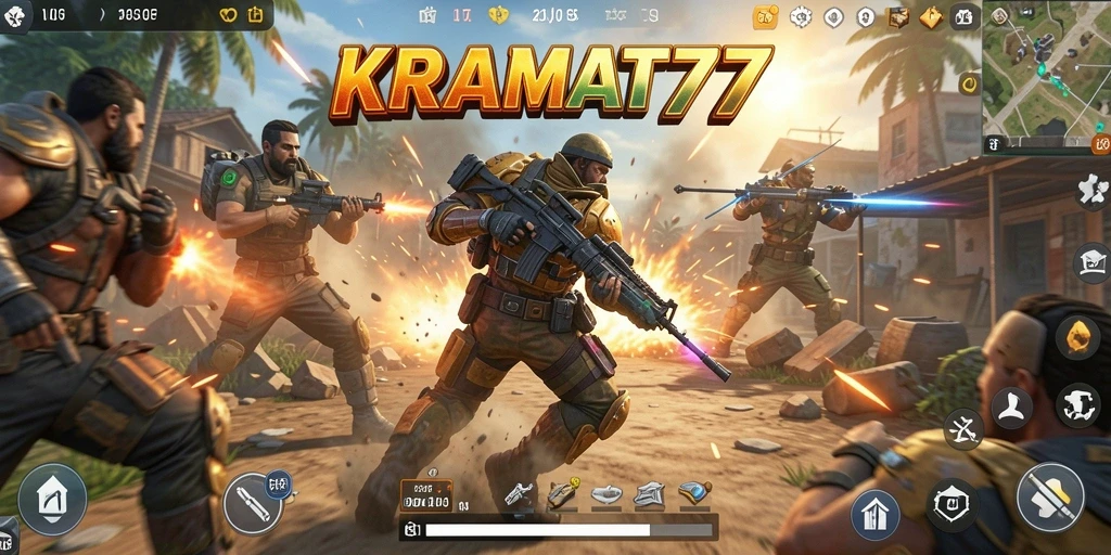 Screenshot gameplay KRAMAT77 yang menunjukkan aksi pertempuran intens.
