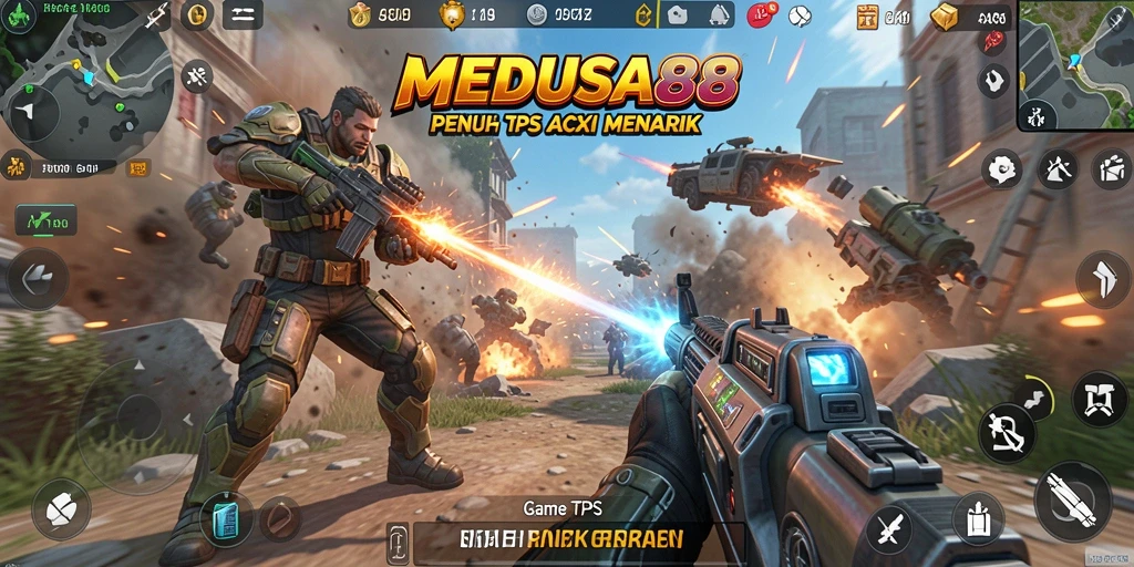 Tampilan gameplay intens dari MEDUSA88 dalam pertempuran TPS.