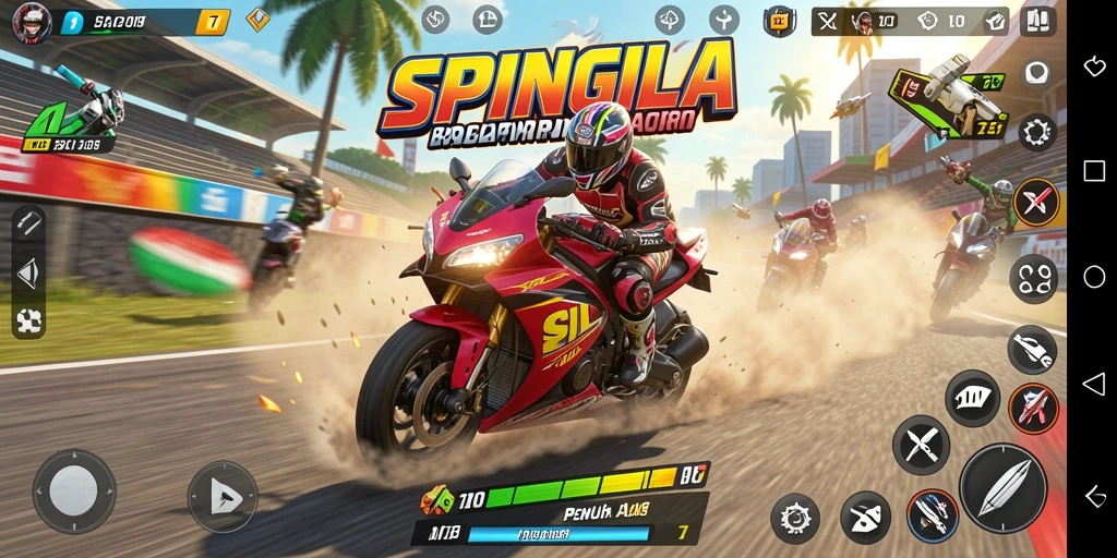Tampilan gameplay menegangkan dari SPINGILA dengan aksi balapan motor.